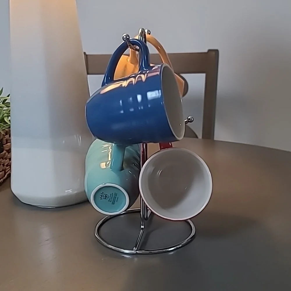 Philippe Richard Hand Painted Colorful Ceramic Mug Set with Chrome Stand